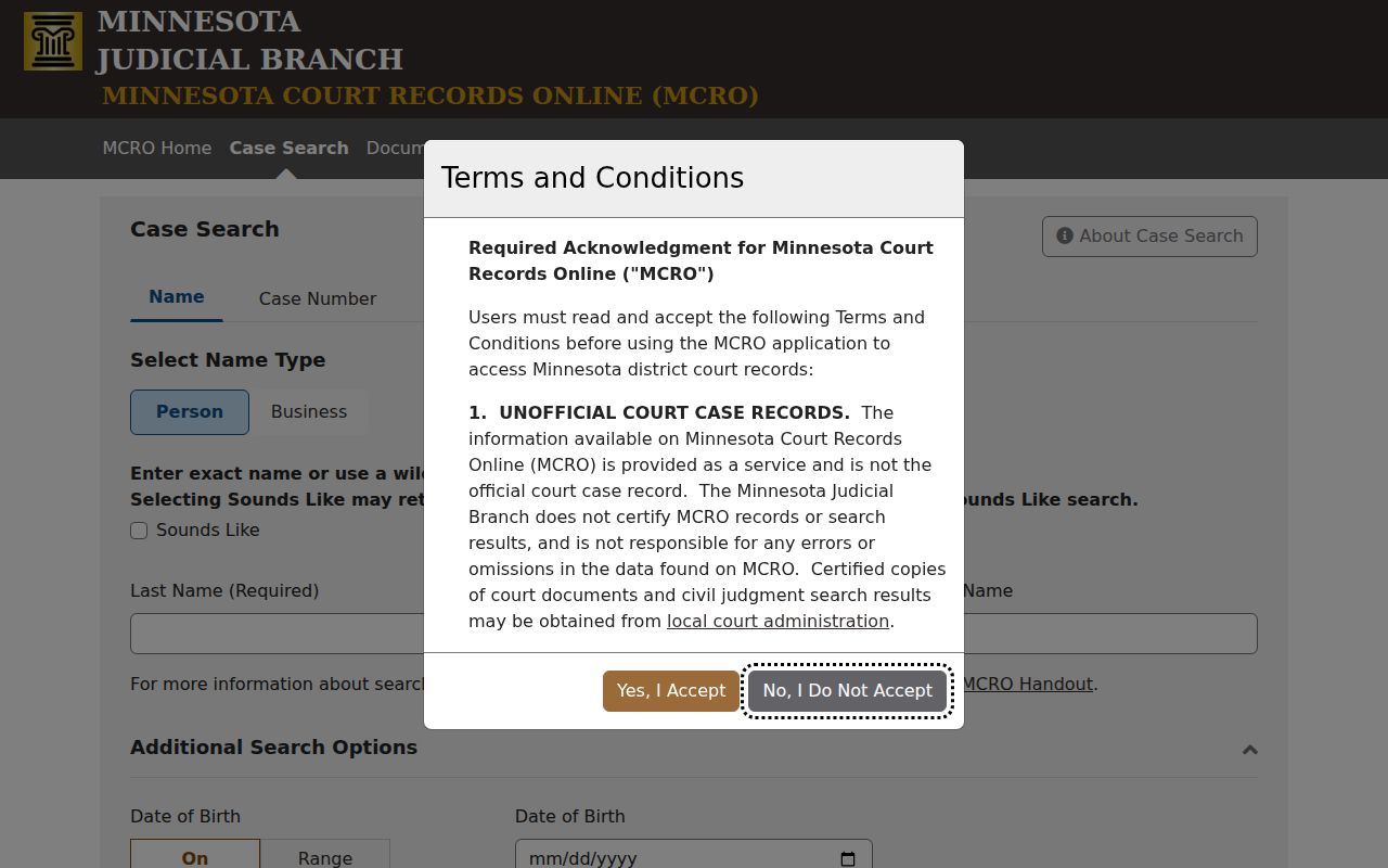 Winona resident lookup using the MCRO case search tabs and name filters