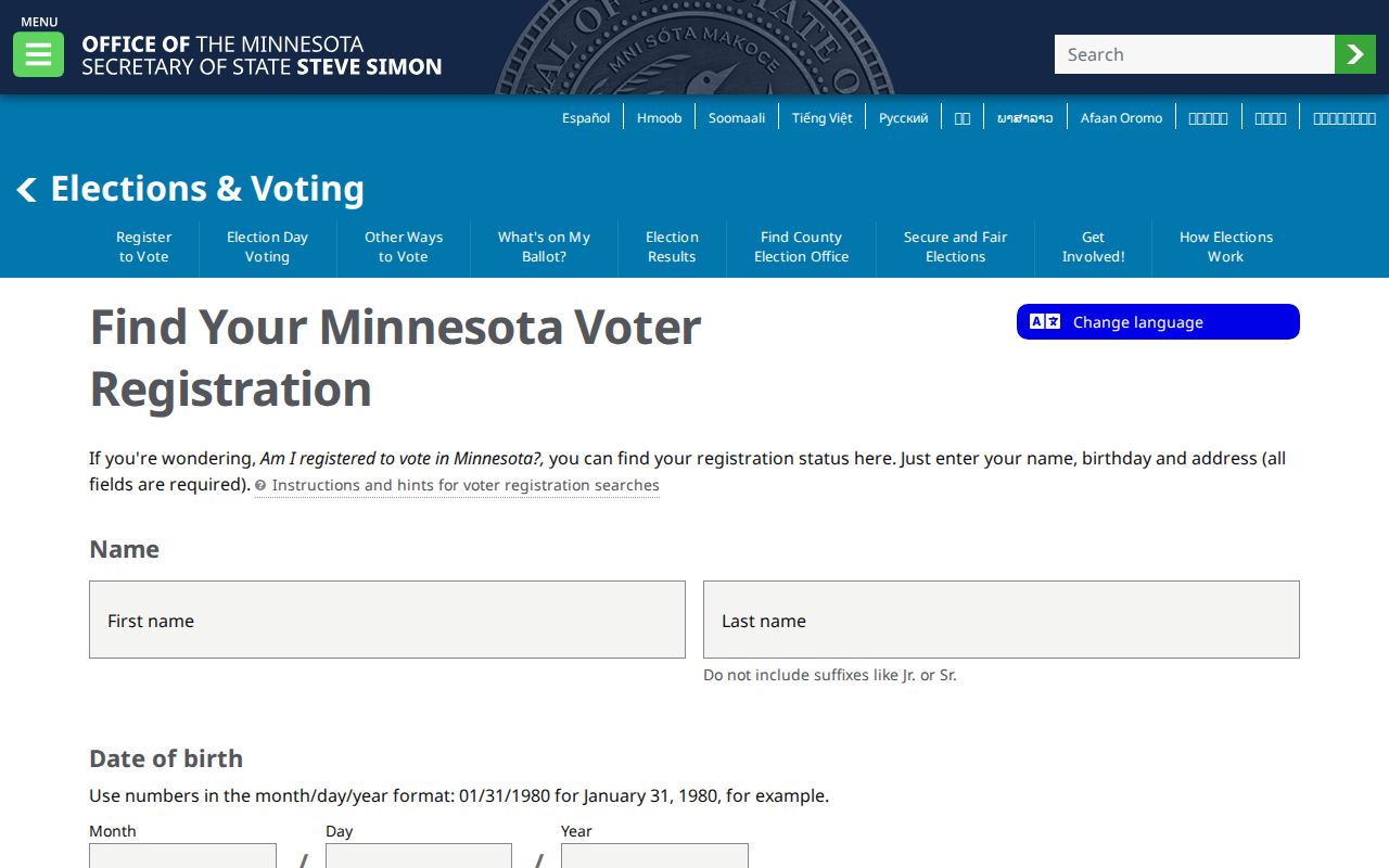 Winona resident lookup through the MNVotes name, birth date, and address form